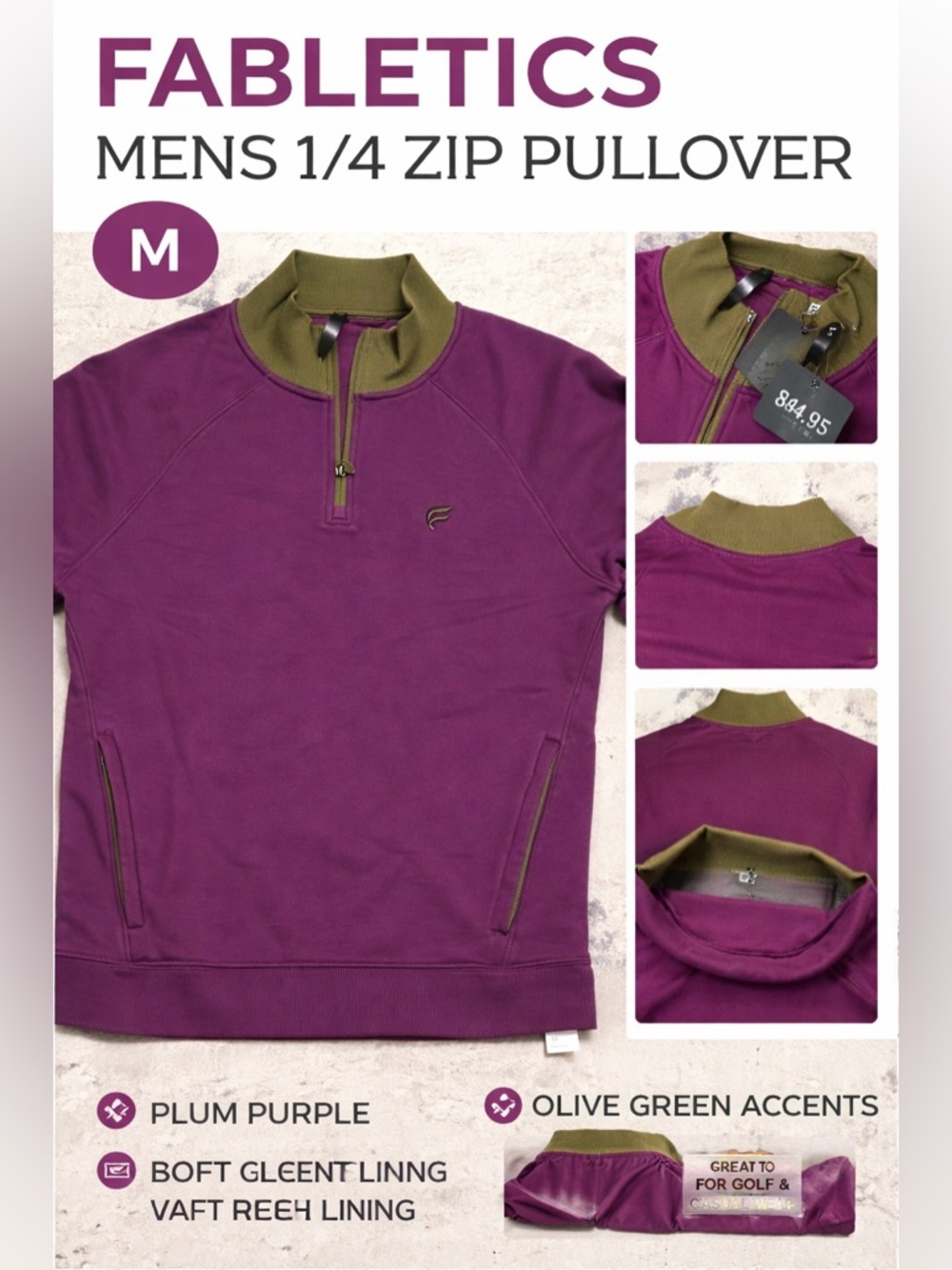 Fabletics Men’s 1/4Zip Pullover MedPlum Purple Fleece Lined Athletic Sweatshirt